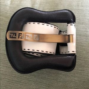 Fendi White and Black Leather Belt with Gold-Tone Logo Buckle